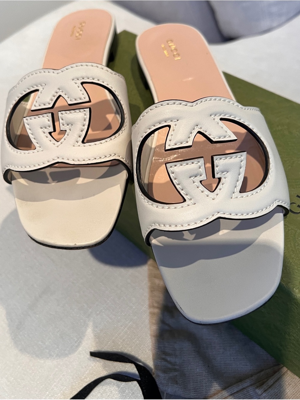 Gucci White Cutout GG Leather Slide Sandals